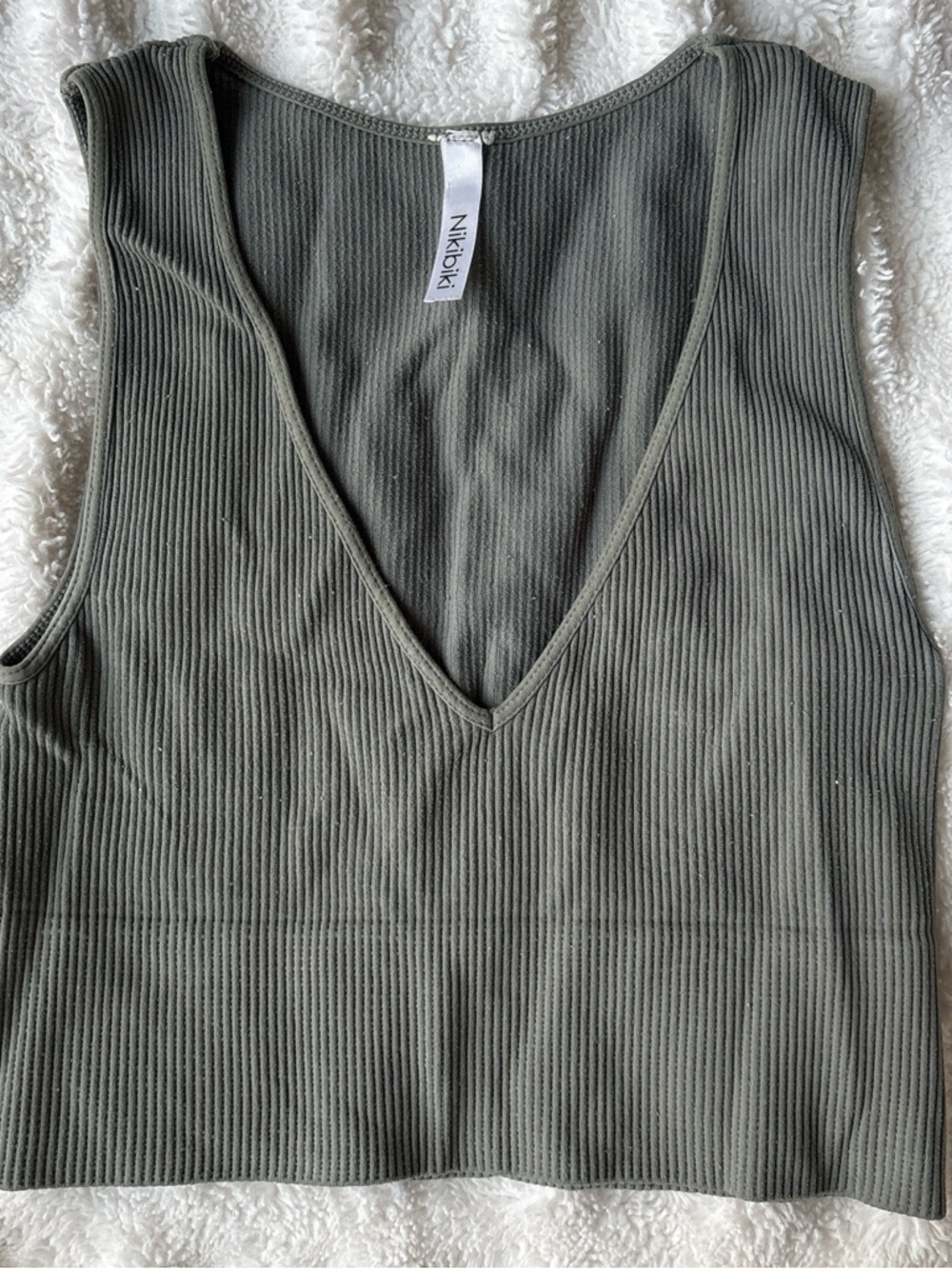 Nikibiki Olive Ribbed V-Neck Crop Tank